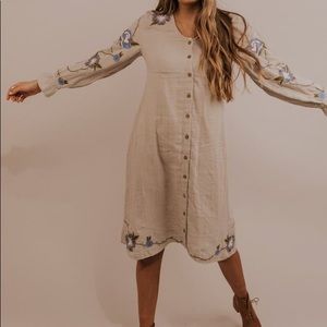 Roolee Grey Linen Dress w/ Blue Embroidered Flower